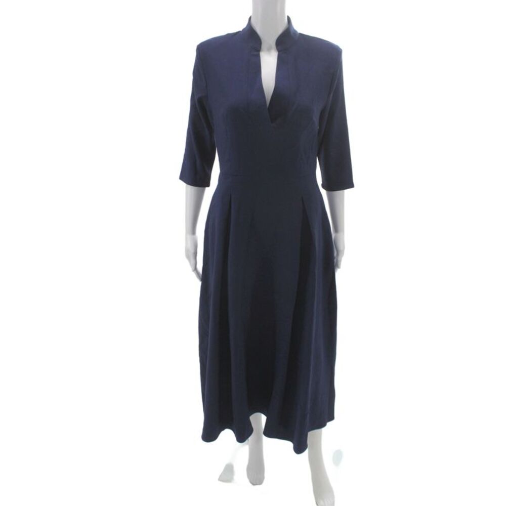 Mooyius Women Fit & Flare Dress Blue V-Neck 3/4 Sleeve Mid-Calf Zip Size S